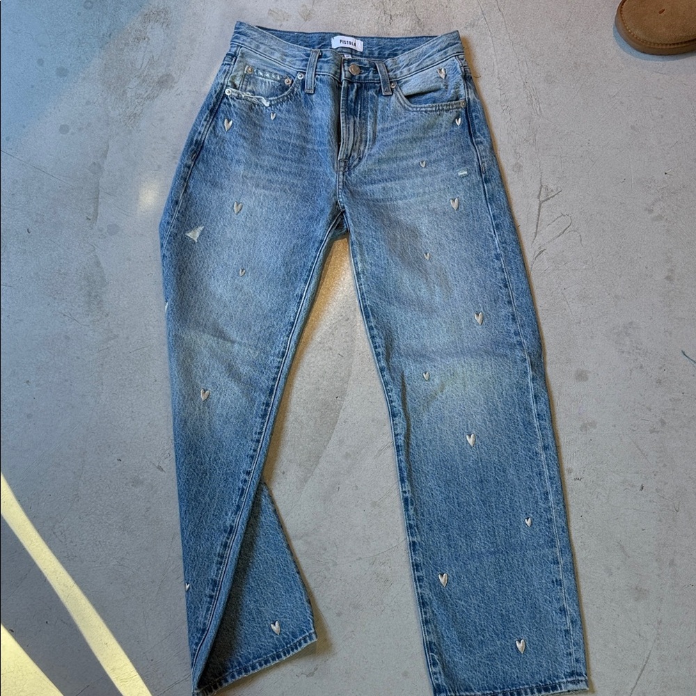Pistola Light Blue Heart-Accent Straight Leg Jeans 24